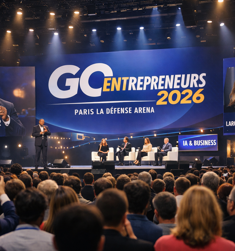 Vue large d’une grande scène de salon entrepreneurial à Paris, devant un public nombreux, avec écrans géants, intervenants en conférence et ambiance premium autour de l’innovation, du business et de la performance.