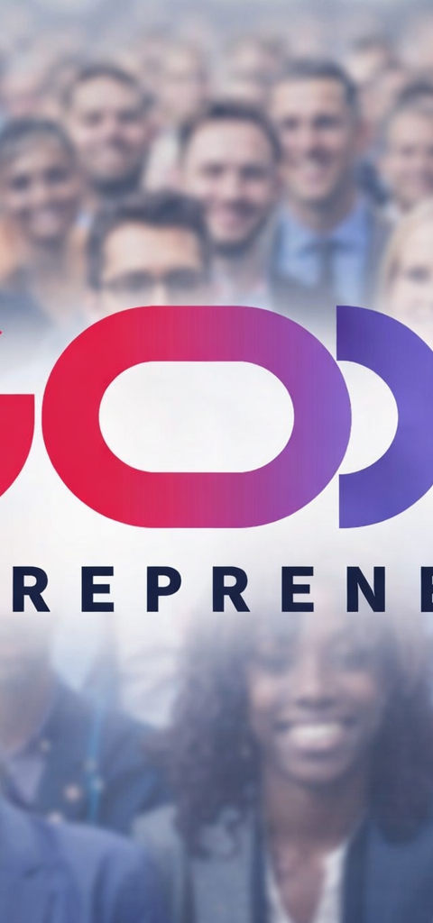 Logo GO Entrepreneurs au centre d’une image avec des entrepreneurs français en arrière-plan, pour illustrer l’événement GO Entrepreneurs à Paris La Défense Arena.