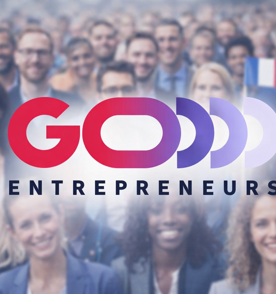 Logo GO Entrepreneurs au centre d’une image avec des entrepreneurs français en arrière-plan, pour illustrer l’événement GO Entrepreneurs à Paris La Défense Arena.