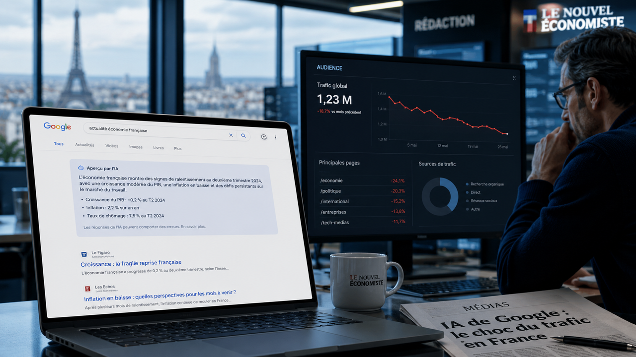 Écran de recherche avec aperçu IA, tableau de trafic en baisse et rédaction française illustrant l’impact de Google AI Overviews sur les médias.