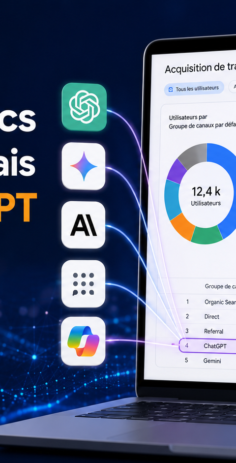 Illustration représentant Google Analytics analysant le trafic issu des moteurs d’intelligence artificielle. Un tableau de bord de statistiques affiche des données d’acquisition provenant de ChatGPT, Gemini, Claude et d’autres assistants IA, symbolisant l’émergence du trafic conversationnel comme nouvel indicateur de performance pour les entreprises et les médias numériques. Source : illustration générée par Entreprisma.
