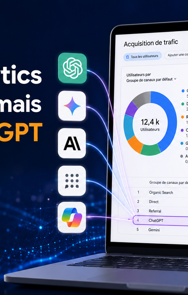 Illustration représentant Google Analytics analysant le trafic issu des moteurs d’intelligence artificielle. Un tableau de bord de statistiques affiche des données d’acquisition provenant de ChatGPT, Gemini, Claude et d’autres assistants IA, symbolisant l’émergence du trafic conversationnel comme nouvel indicateur de performance pour les entreprises et les médias numériques. Source : illustration générée par Entreprisma.