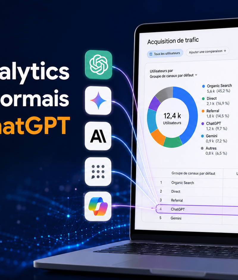 Illustration représentant Google Analytics analysant le trafic issu des moteurs d’intelligence artificielle. Un tableau de bord de statistiques affiche des données d’acquisition provenant de ChatGPT, Gemini, Claude et d’autres assistants IA, symbolisant l’émergence du trafic conversationnel comme nouvel indicateur de performance pour les entreprises et les médias numériques. Source : illustration générée par Entreprisma.