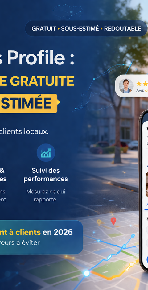 Image éditoriale sur Google Business Profile en 2026, avec une boulangerie locale, une fiche établissement Google affichée sur smartphone, des avis clients, des services, une note élevée, et des indicateurs de performance. Visuel illustrant le référencement local, la visibilité sur Google Maps, l’optimisation de fiche Google Business Profile et la génération de clients locaux pour une entreprise.