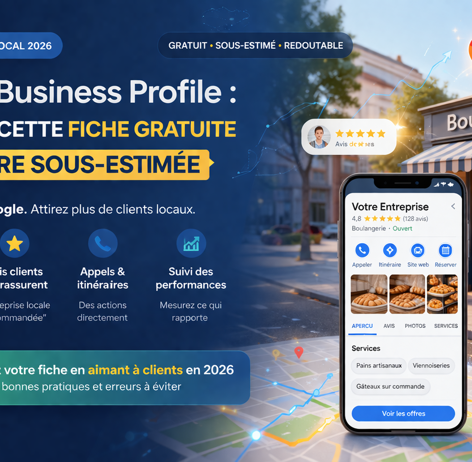 Image éditoriale sur Google Business Profile en 2026, avec une boulangerie locale, une fiche établissement Google affichée sur smartphone, des avis clients, des services, une note élevée, et des indicateurs de performance. Visuel illustrant le référencement local, la visibilité sur Google Maps, l’optimisation de fiche Google Business Profile et la génération de clients locaux pour une entreprise.