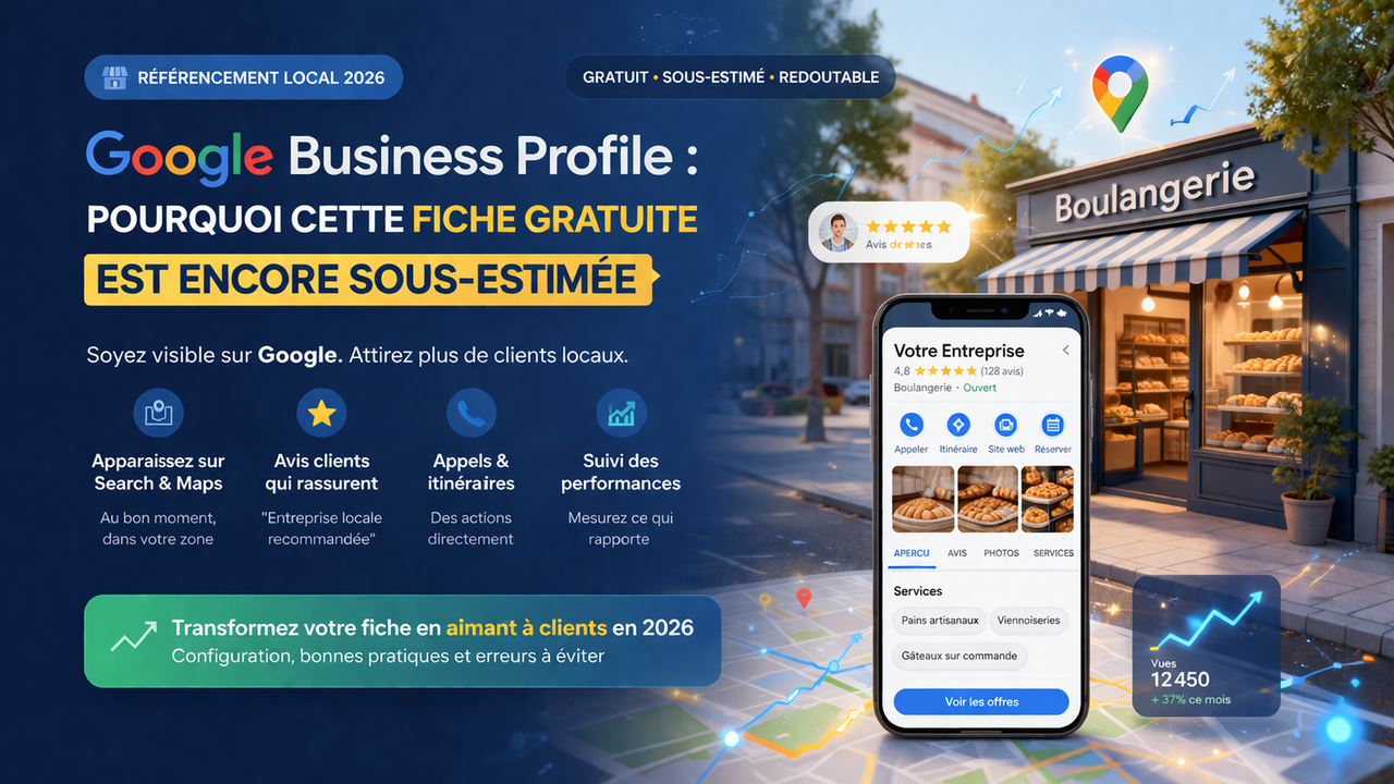 Image éditoriale sur Google Business Profile en 2026, avec une boulangerie locale, une fiche établissement Google affichée sur smartphone, des avis clients, des services, une note élevée, et des indicateurs de performance. Visuel illustrant le référencement local, la visibilité sur Google Maps, l’optimisation de fiche Google Business Profile et la génération de clients locaux pour une entreprise.