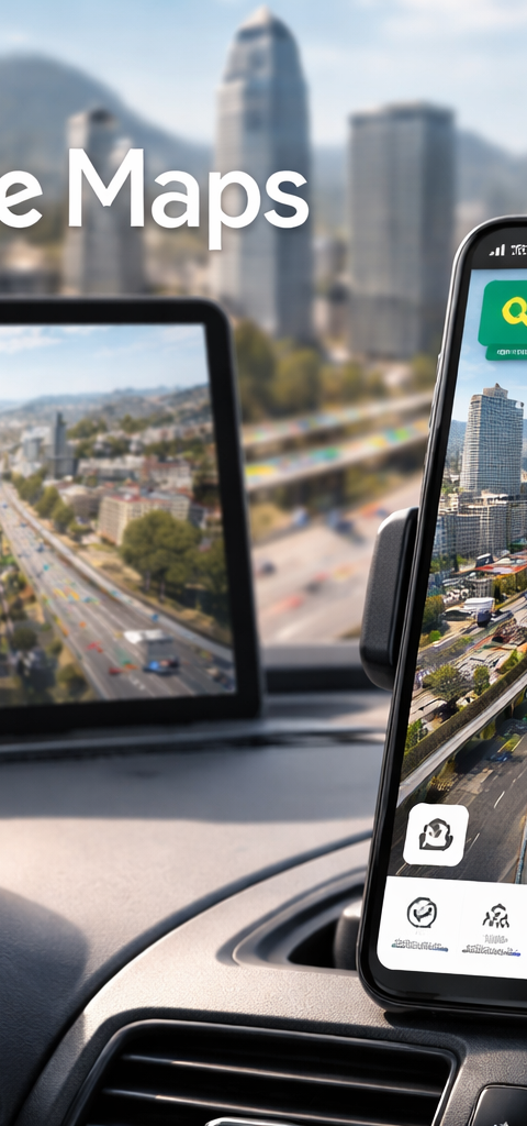 Capture d'écran de la nouvelle interface 3D de Google Maps, montrant un itinéraire photoréaliste avec des bâtiments détaillés et des flèches de navigation, illustrant la mise à jour Immersive Navigation.
