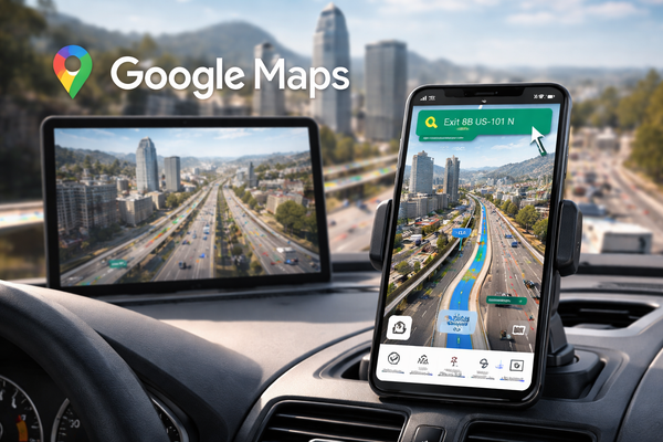 Capture d'écran de la nouvelle interface 3D de Google Maps, montrant un itinéraire photoréaliste avec des bâtiments détaillés et des flèches de navigation, illustrant la mise à jour Immersive Navigation.