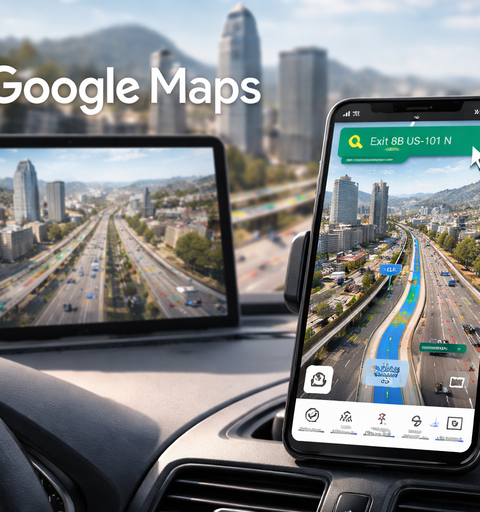 Capture d'écran de la nouvelle interface 3D de Google Maps, montrant un itinéraire photoréaliste avec des bâtiments détaillés et des flèches de navigation, illustrant la mise à jour Immersive Navigation.