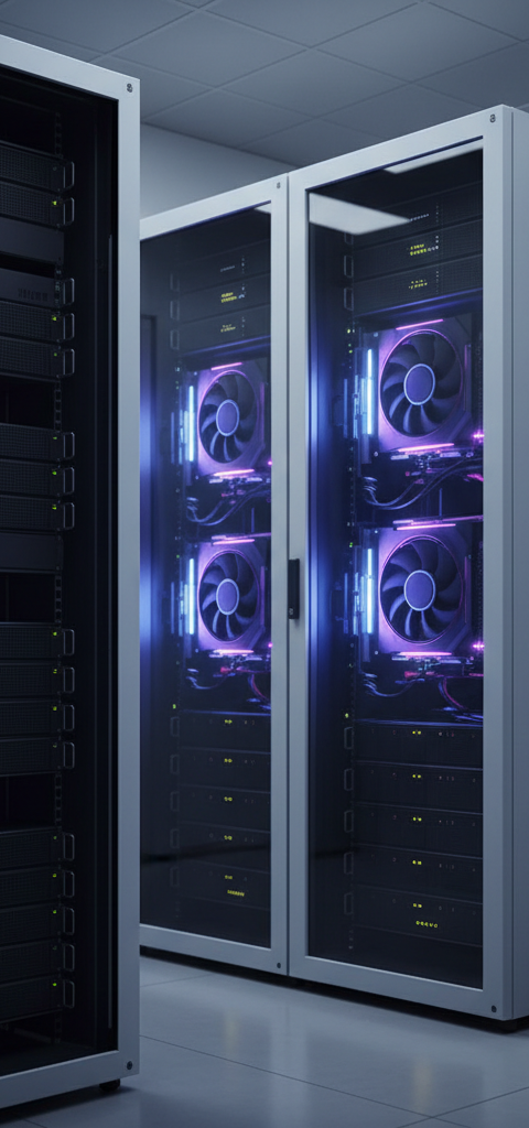 Illustration conceptuelle montrant des serveurs de data center connectés à des gouttes d'eau, symbolisant la consommation d'eau de l'IA et la question de combien d’eau consomme l'intelligence artificielle.