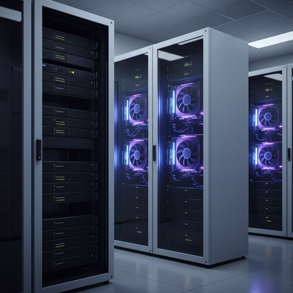 Illustration d'une puce GPU stylisée avec des engrenages et des graphiques, symbolisant la pénurie GPU IA PME 2026 et les défis technologiques pour les petites et moyennes entreprises.