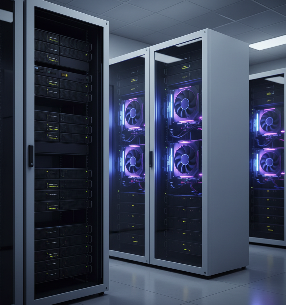 Illustration conceptuelle montrant des serveurs de data center connectés à des gouttes d'eau, symbolisant la consommation d'eau de l'IA et la question de combien d’eau consomme l'intelligence artificielle.