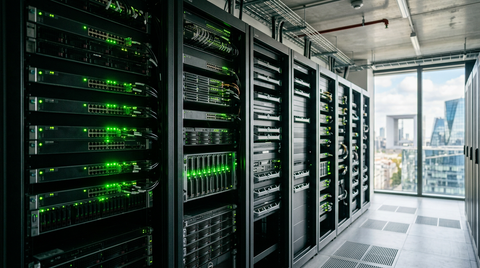 Illustration d'une PME optimisant sa consommation énergétique grâce à des pratiques Green IT, symbolisant la sobriété numérique et l'économie d'énergie.