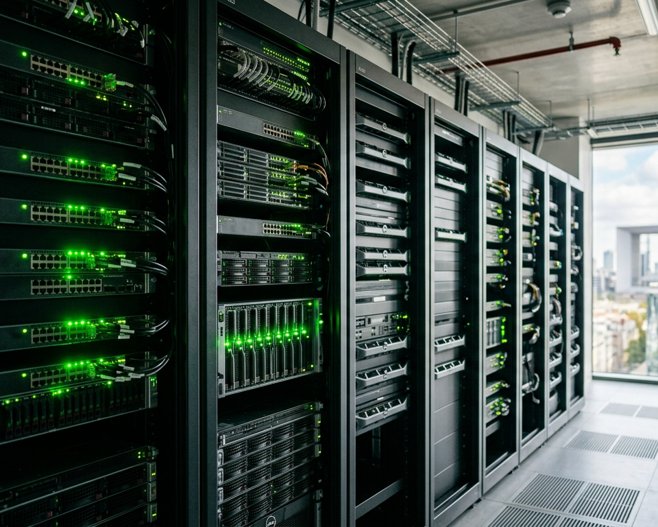 Illustration d'une PME optimisant sa consommation énergétique grâce à des pratiques Green IT, symbolisant la sobriété numérique et l'économie d'énergie.