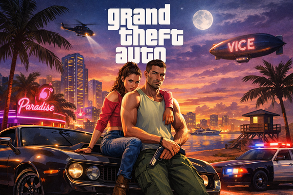 Illustration de couverture du jeu GTA 6 avec les deux personnages principaux