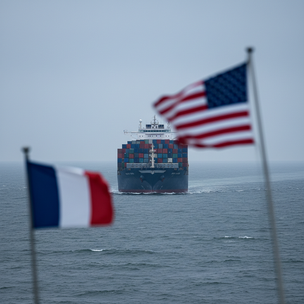 Illustration de graphiques boursiers et de drapeaux américain et français, symbolisant la tension de la guerre commerciale 2026 et son impact sur les PME.