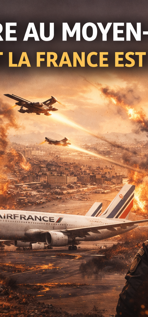 Illustration éditoriale au format paysage sur la guerre au Moyen-Orient et ses répercussions en France, montrant une ville en flammes, des avions militaires, un avion Air France au sol, un panneau de prix du carburant, des policiers français au premier plan et la tour Eiffel en arrière-plan, dans une atmosphère sombre et dramatique.
