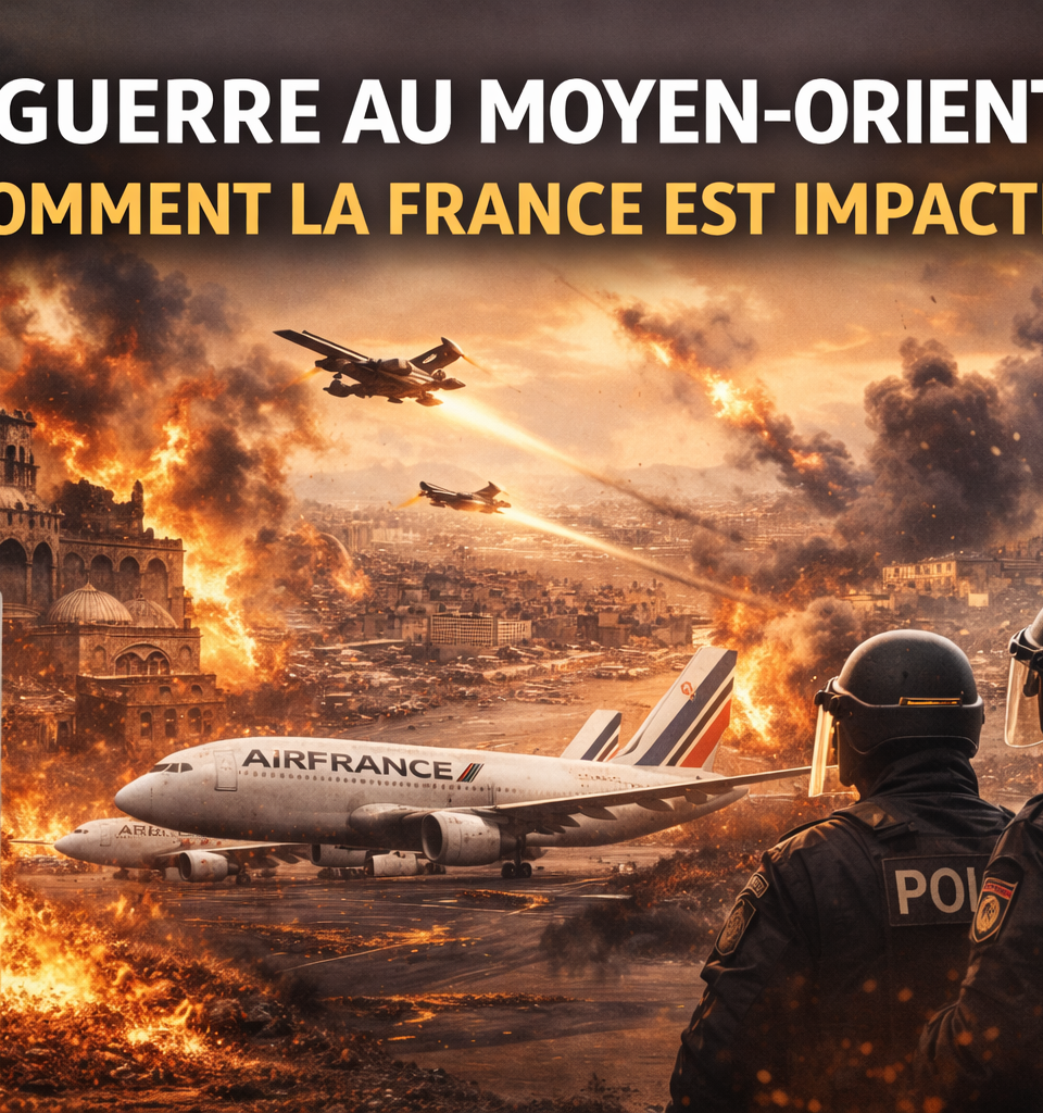 Illustration éditoriale au format paysage sur la guerre au Moyen-Orient et ses répercussions en France, montrant une ville en flammes, des avions militaires, un avion Air France au sol, un panneau de prix du carburant, des policiers français au premier plan et la tour Eiffel en arrière-plan, dans une atmosphère sombre et dramatique.
