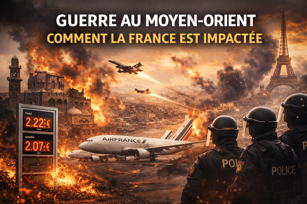 Illustration éditoriale au format paysage sur la guerre au Moyen-Orient et ses répercussions en France, montrant une ville en flammes, des avions militaires, un avion Air France au sol, un panneau de prix du carburant, des policiers français au premier plan et la tour Eiffel en arrière-plan, dans une atmosphère sombre et dramatique.