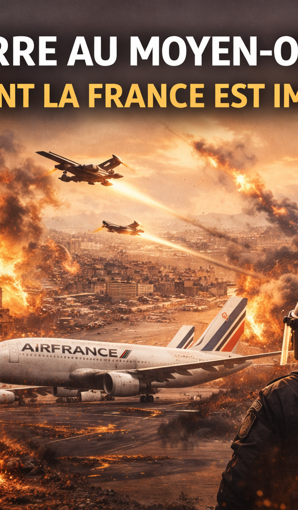 Illustration éditoriale au format paysage sur la guerre au Moyen-Orient et ses répercussions en France, montrant une ville en flammes, des avions militaires, un avion Air France au sol, un panneau de prix du carburant, des policiers français au premier plan et la tour Eiffel en arrière-plan, dans une atmosphère sombre et dramatique.