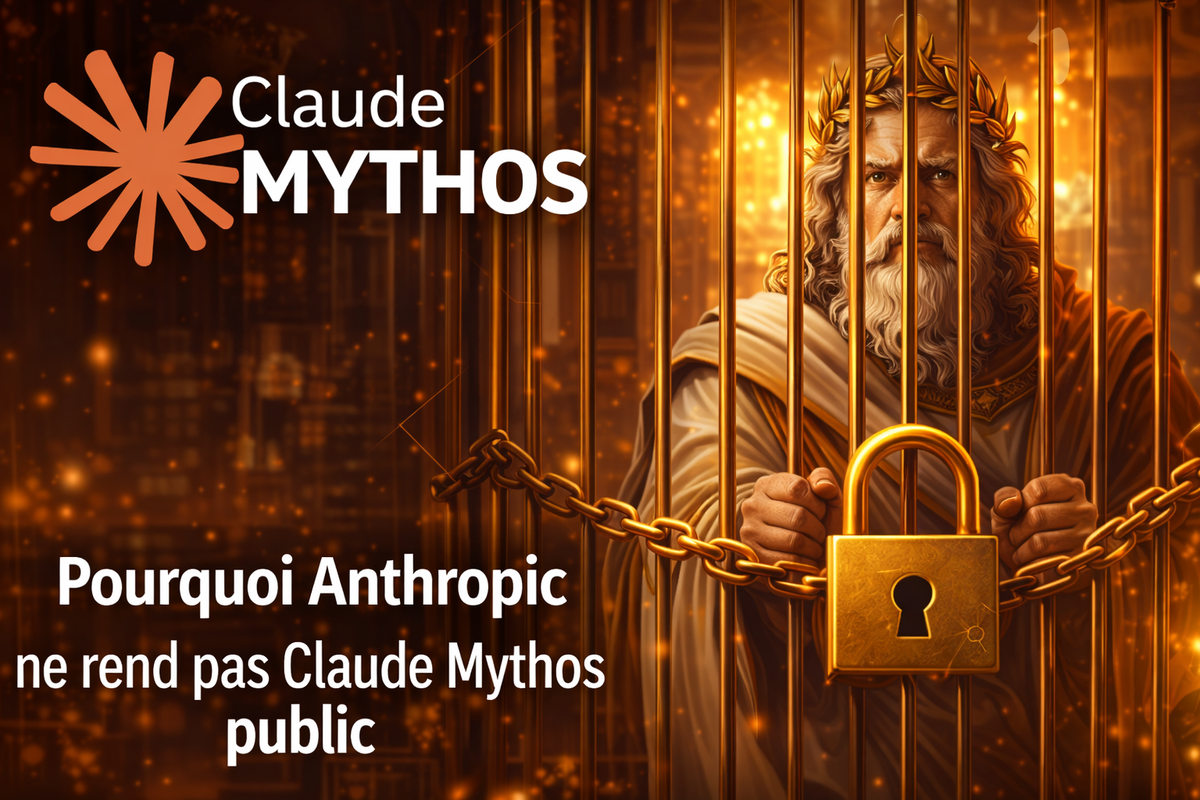 Illustration conceptuelle d'une intelligence artificielle avancée derrière un mur de protection, symbolisant l'IA à accès restreint d'Anthropic.