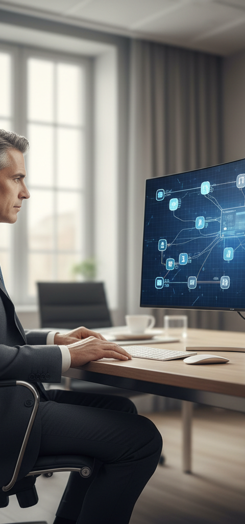 Illustration futuriste d'agents IA autonomes collaborant avec des humains dans un environnement de bureau moderne, symbolisant l'IA agentique et ses applications pour les PME en 2026.
