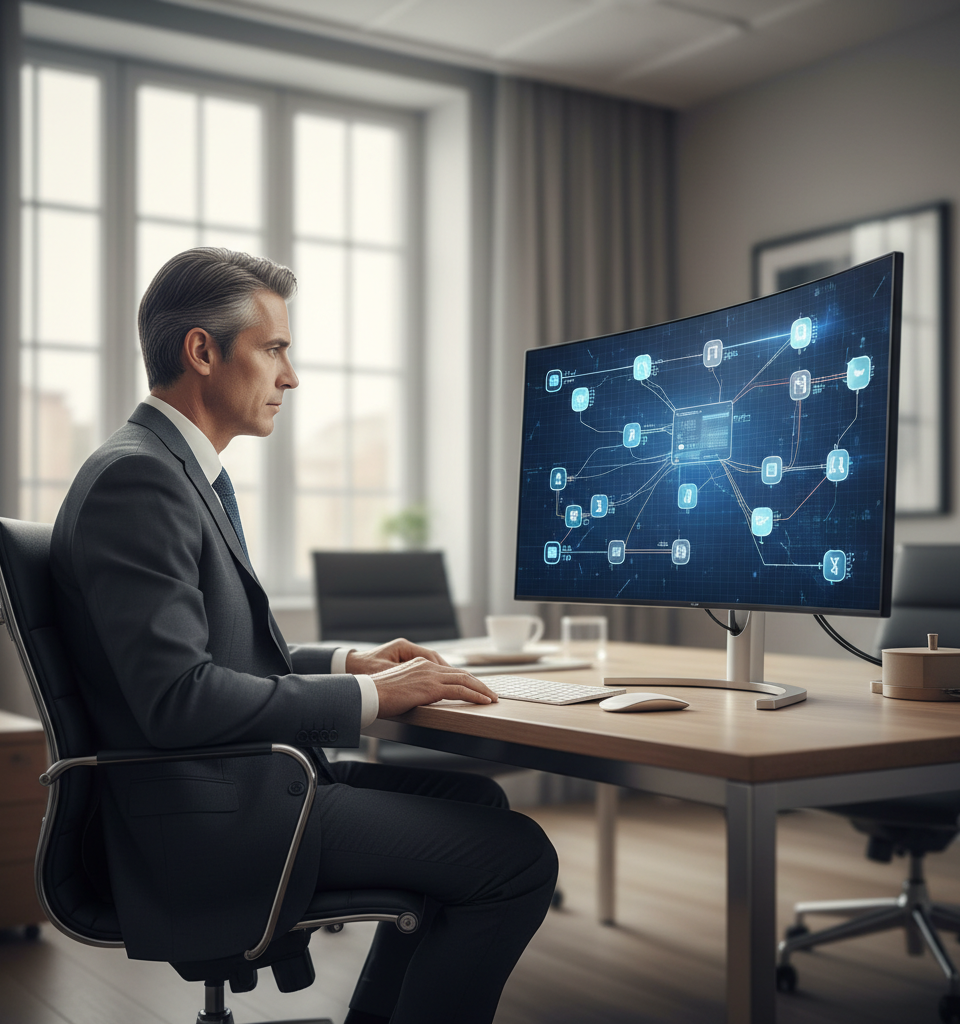 Illustration futuriste d'agents IA autonomes collaborant avec des humains dans un environnement de bureau moderne, symbolisant l'IA agentique et ses applications pour les PME en 2026.