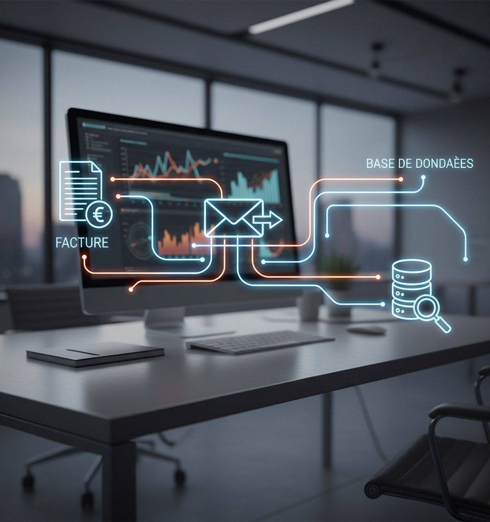 Illustration futuriste montrant des robots assistant des humains dans un bureau, symbolisant l'intégration de l'IA agentique dans les workflows des PME pour automatiser les tâches de back-office.