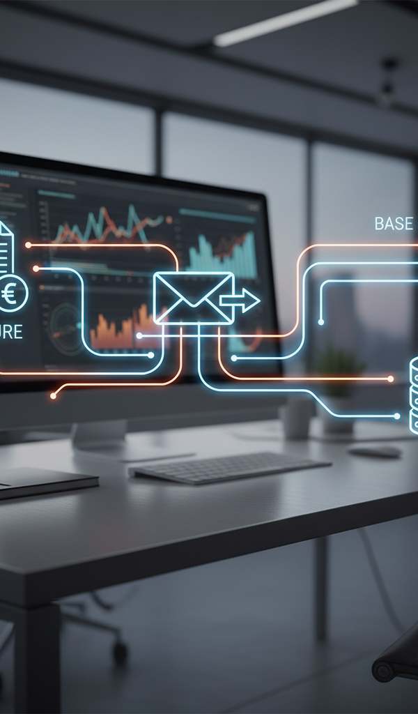 Illustration futuriste montrant des robots assistant des humains dans un bureau, symbolisant l'intégration de l'IA agentique dans les workflows des PME pour automatiser les tâches de back-office.