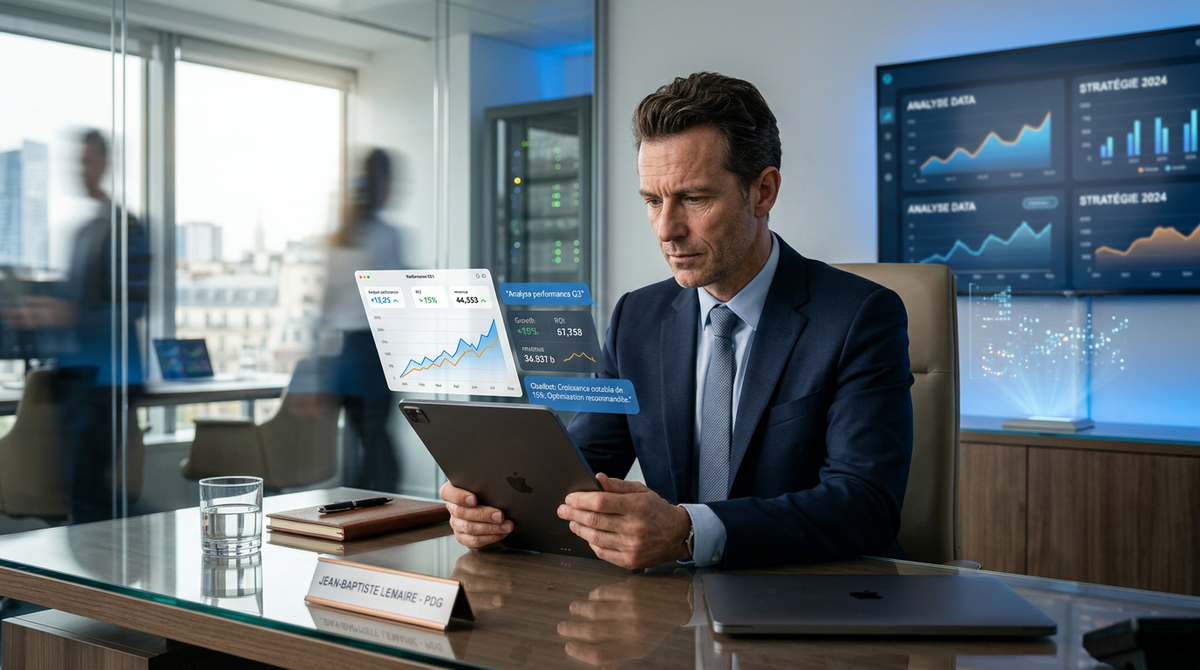 Illustration d'un agent conversationnel IA interagissant avec un client sur un écran, symbolisant l'efficacité de l'IA commerce conversationnel pour les PME.