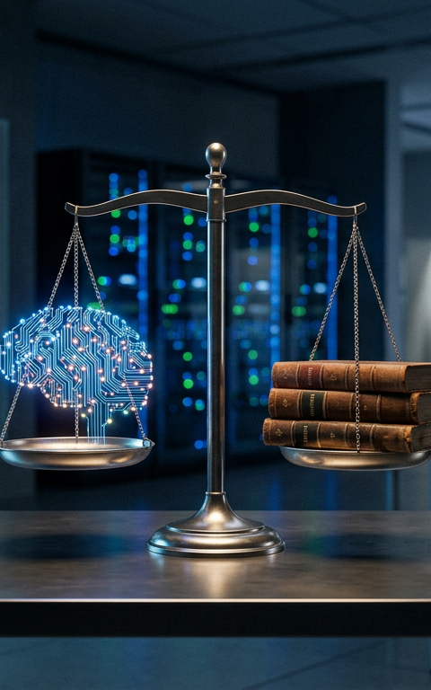 Illustration conceptuelle montrant des symboles de droit d'auteur et d'intelligence artificielle entrelacés, représentant les enjeux de l'IA et du droit d'auteur.