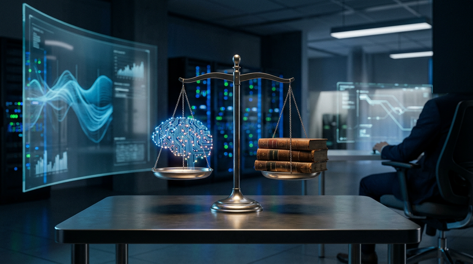 Illustration conceptuelle montrant des symboles de droit d'auteur et d'intelligence artificielle entrelacés, représentant les enjeux de l'IA et du droit d'auteur.
