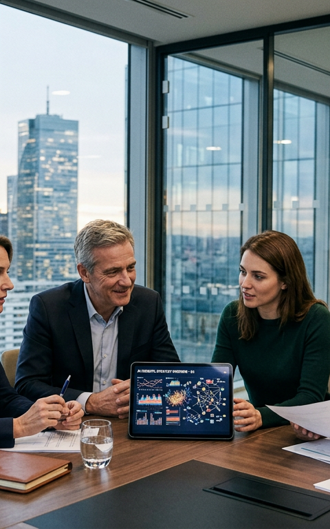 Une équipe diversifiée de professionnels collaborant autour d'un tableau blanc, symbolisant la conduite du changement et l'intégration réussie de l'IA en entreprise.