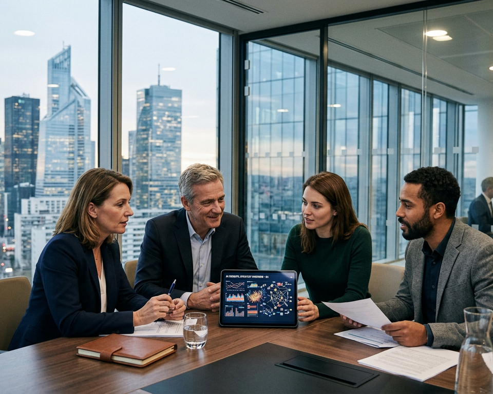 Une équipe diversifiée de professionnels collaborant autour d'un tableau blanc, symbolisant la conduite du changement et l'intégration réussie de l'IA en entreprise.