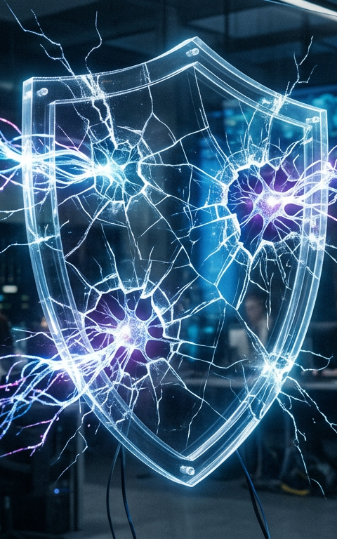 Serveur informatique sécurisé illustrant l'IA et limite de détection face aux cyberattaques.