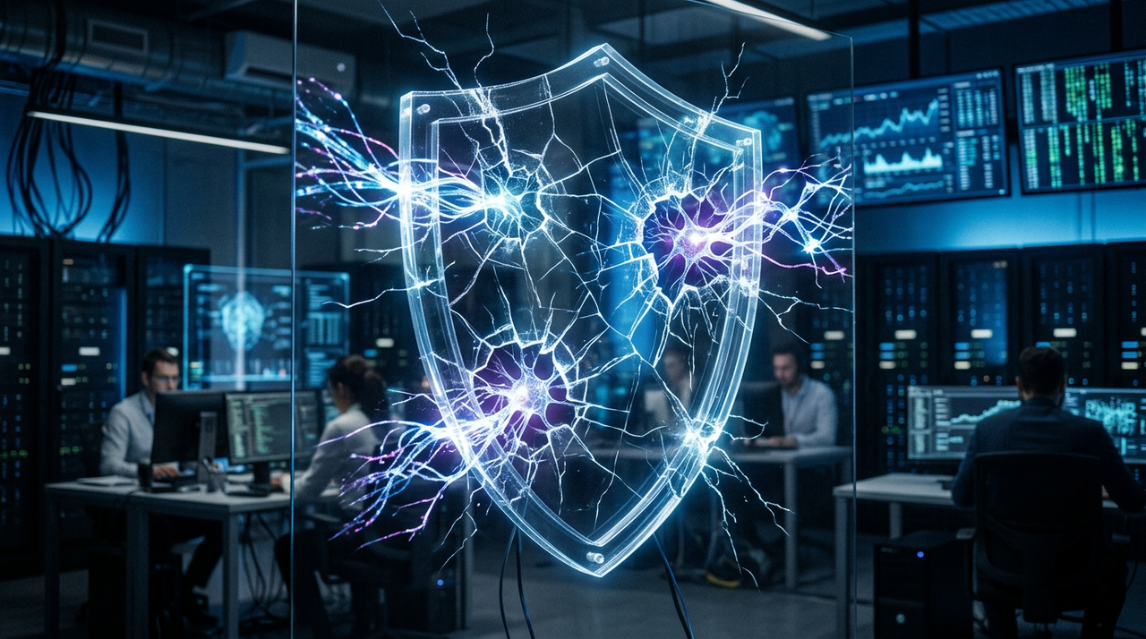 Serveur informatique sécurisé illustrant l'IA et limite de détection face aux cyberattaques.