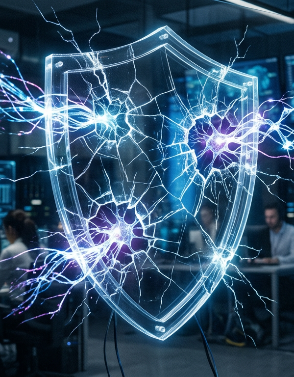 Serveur informatique sécurisé illustrant l'IA et limite de détection face aux cyberattaques.