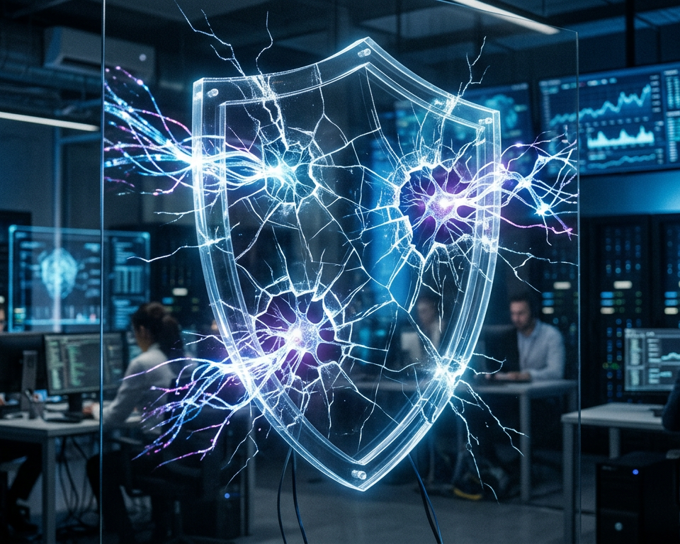 Serveur informatique sécurisé illustrant l'IA et limite de détection face aux cyberattaques.