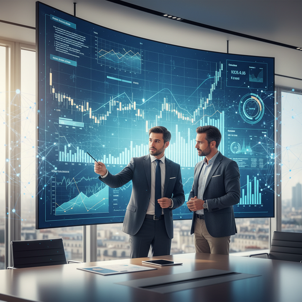 Un expert-comptable et un dirigeant consultant des données financières sur un écran, symbolisant l'intégration de l'IA en expertise comptable en 2026.