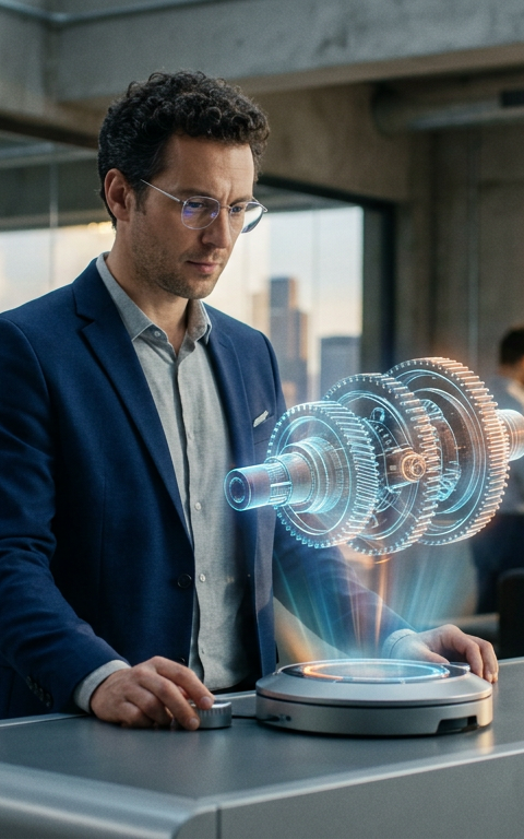 Illustration d'un ingénieur utilisant un logiciel d'IA générative pour optimiser le design d'une pièce industrielle complexe, symbolisant l'innovation et l'efficacité pour les PME.