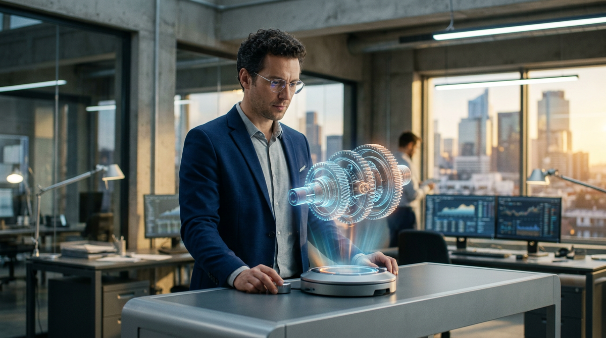 Illustration d'un ingénieur utilisant un logiciel d'IA générative pour optimiser le design d'une pièce industrielle complexe, symbolisant l'innovation et l'efficacité pour les PME.