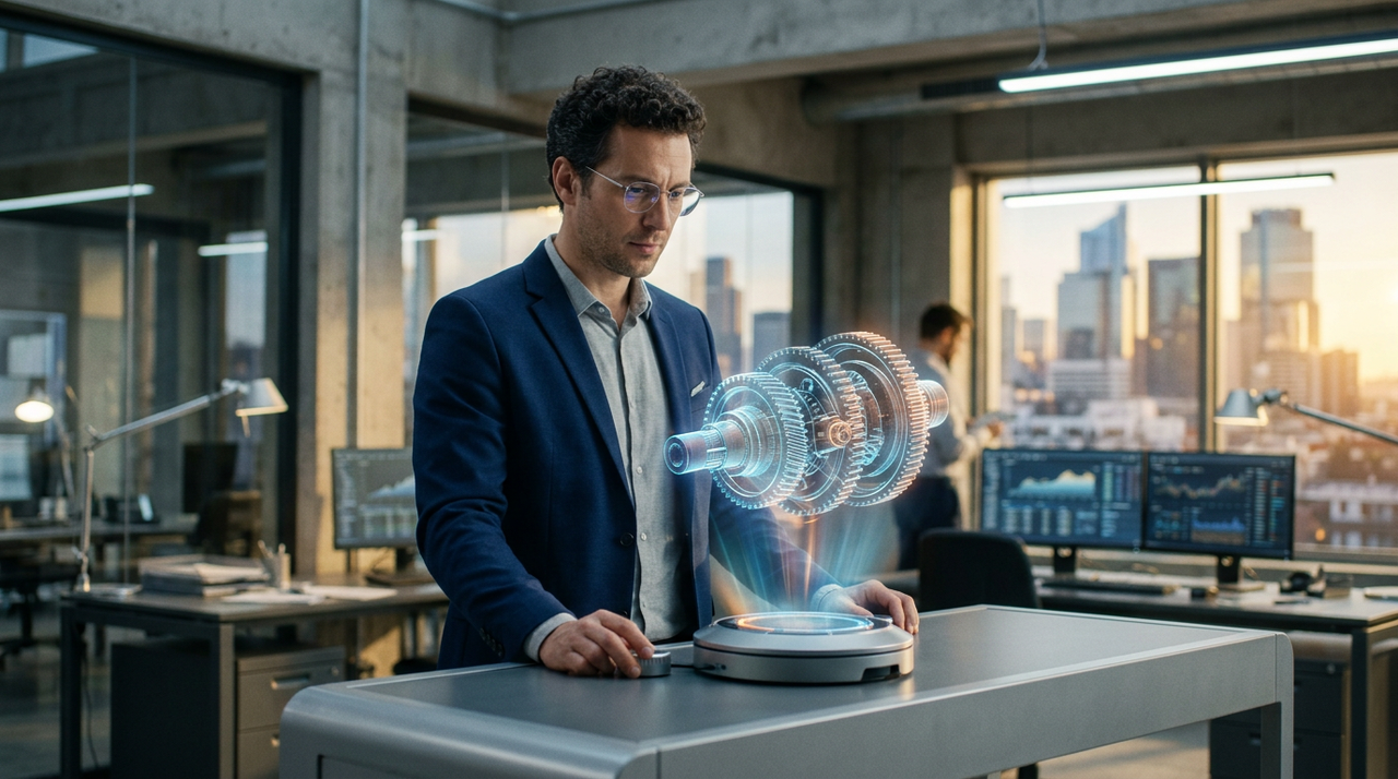 Illustration d'un ingénieur utilisant un logiciel d'IA générative pour optimiser le design d'une pièce industrielle complexe, symbolisant l'innovation et l'efficacité pour les PME.