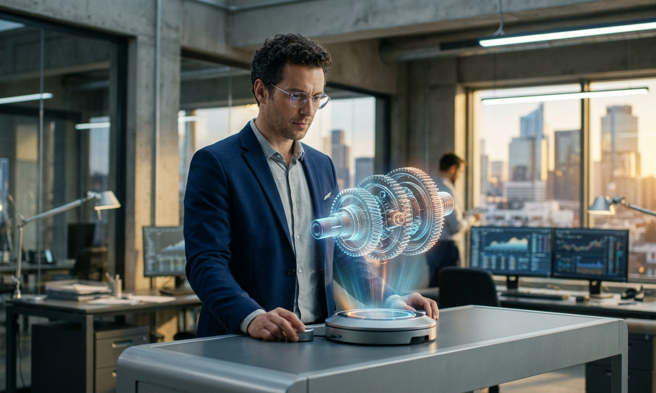 Illustration d'un ingénieur utilisant un logiciel d'IA générative pour optimiser le design d'une pièce industrielle complexe, symbolisant l'innovation et l'efficacité pour les PME.