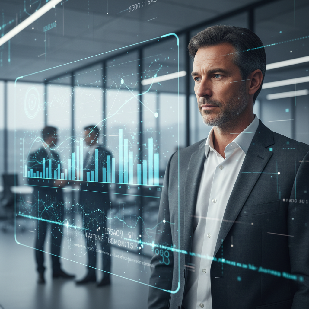 Un dirigeant de PME souriant devant un tableau de bord numérique affichant des graphiques d'IA générative, symbolisant