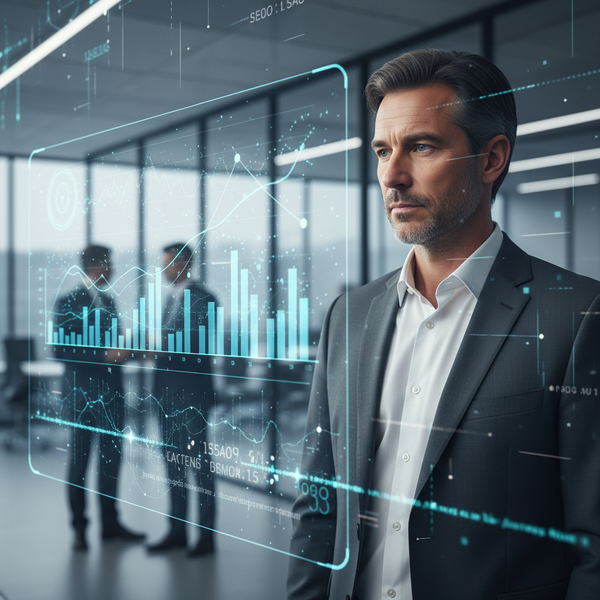 Un dirigeant de PME souriant devant un tableau de bord numérique affichant des graphiques d'IA générative, symbolisant