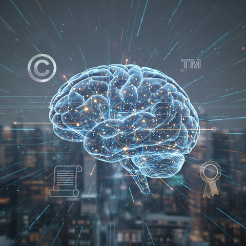 Illustration de la protection de la propriété intellectuelle face à l'IA générative, avec des symboles de droit d'auteur et de marque entrelacés avec des circuits neuronaux et des données numériques, sur un fond sombre et technologique.