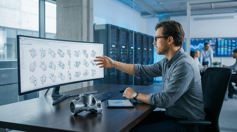 Illustration d'un ingénieur utilisant une interface d'IA générative pour concevoir un prototype 3D, symbolisant l'innovation et la réduction des coûts de prototypage.