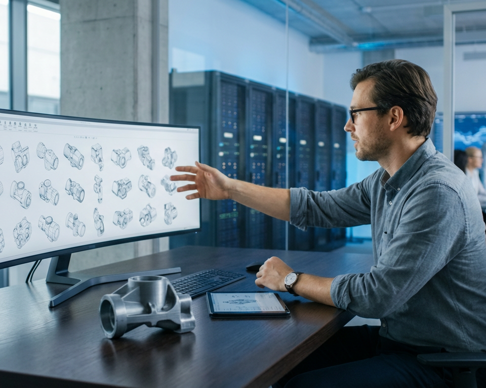 Illustration d'un ingénieur utilisant une interface d'IA générative pour concevoir un prototype 3D, symbolisant l'innovation et la réduction des coûts de prototypage.