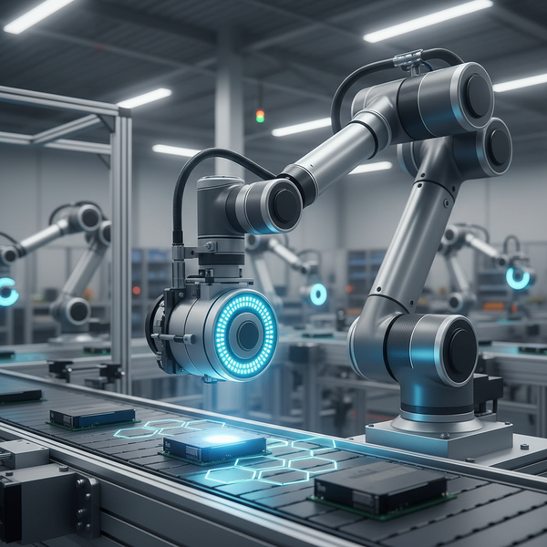 Illustration d'une puce d'IA sur un équipement industriel, symbolisant l'IA on-edge pour les PME, avec des données traitées localement et rapidement.