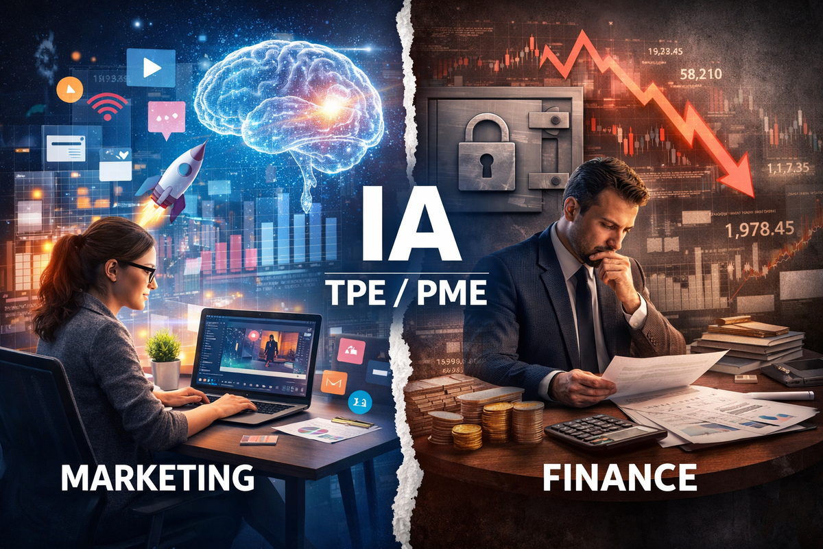 Illustration d'une fracture numérique ou d'un fossé entre deux mondes, symbolisant l'adoption inégale de l'IA dans les PME entre les fonctions marketing et financières.